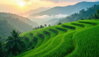 Obraz premium Misty morning light over emerald rice paddies, Bali's terraced beauty , spa, peaceful, nature