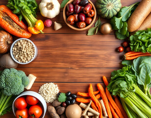 Top view of super healthy food, on a wooden table, empty space in the middle.