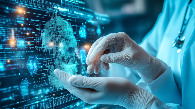 A scientist in protective gear interacting with a digital interface displaying scientific data, symbolizing advanced research or healthcare technology.
 - Powered by Adobe