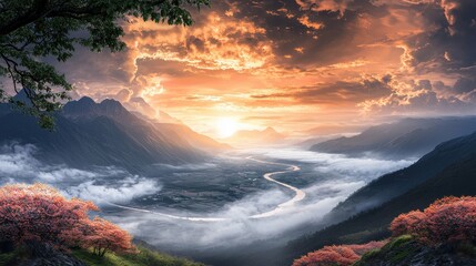 Fototapeta premium Majestic mountain valley serene twilight landscape fantasy view