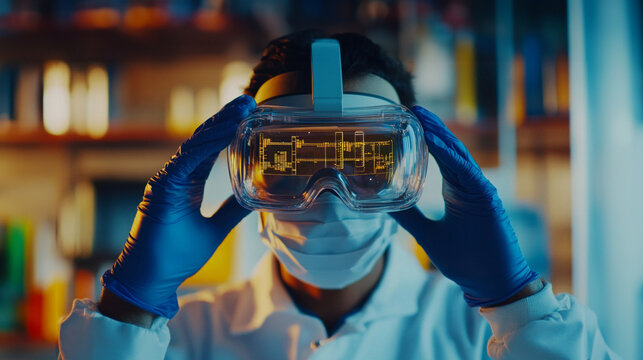 Scientist utilizes augmented reality headset for advanced data analysis in laboratory setting - Powered by Adobe