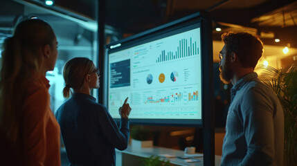 Startup team analyzing website traffic data with large screen display during evening meeting