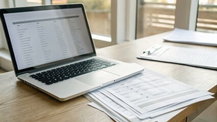 Obraz premium Workspace Efficiency: A laptop on a wooden desk, with a pile of documents next to it. Capture the essence of modern work life.