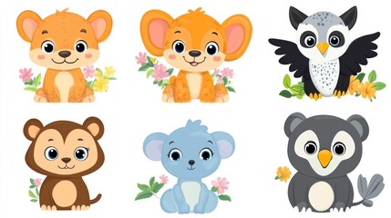 Obraz premium Cute cartoon animals with flowers. Use Children's book illustration