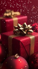Red Christmas gifts with golden ribbon and sparkling decorations