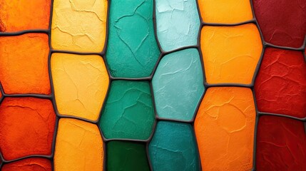 Fototapeta premium A vibrant, colorful abstract pattern featuring interlocking shapes in shades of orange, green, and blue, resembling glass or tiles.