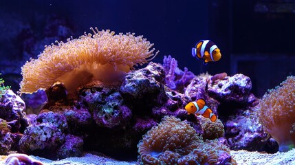 Fototapeta premium Vibrant Reef Aquarium: Two Clownfish Among Coral