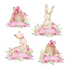 Watercolor Easter Rabbits and Egg with ribbon banner and spring flowers bouquet