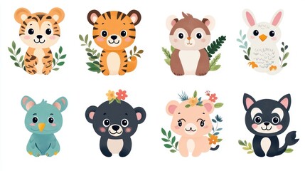 Obraz premium Cute cartoon animals, flowers, leaves, children's book illustration, background image, poster design
