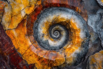 A fossilized ammonite, beautifully preserved in vibrant amber, orange, and grey hues, showcasing intricate spiral details within the stone.