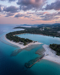 Aerial view of Glarokavos beach in Kassandra peninsula in Chalkidiki, Greece