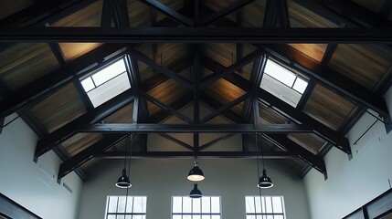 Interior View of Vaulted Ceiling with Wood Beams and Pendant Lights