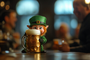 Little leprechaun peeks out joyfully from behind a frothy beer mug in a lively pub celebrating St. Patrick’s Day