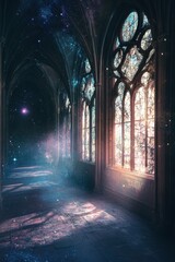 Obraz premium A forgotten divine palace shrouded in cosmic mist, shattered stained-glass windows reflecting distant stars