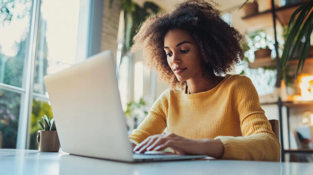 Woman checking online orders on her laptop at a cozy workspace filled with plants during the afternoon