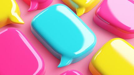 Colorful speech bubbles in bright pink, blue, and yellow, arranged on a pink background,...