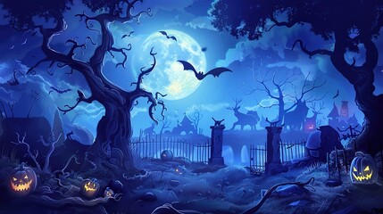 Obraz premium Enchanted Halloween Magic Forest at Night, Spooky Dark Woods with Glowing Pumpkins, Witchy Moonlit Scene, Mystical Background for Party Invitations, Digital Art