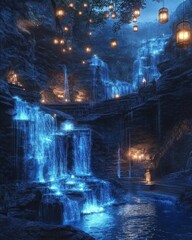 A forgotten sanctuary hidden beneath a waterfall, surrounded by glowing blue flora and mystical floating lanterns