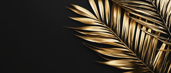 Fototapeta premium Golden palm leaves on a black background creating a luxurious and elegant design for tropical themes, summer decorations, or interior design concepts.
