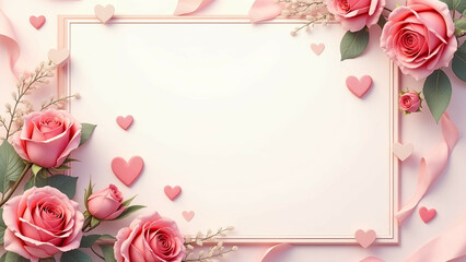 wedding invitation with roses and hearts, elegant floral copy space