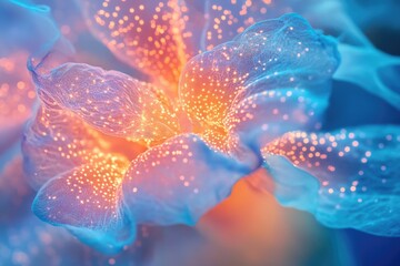 Fototapeta premium Abstract image of a glowing flower with light blue and orange petals, speckled with tiny golden lights.