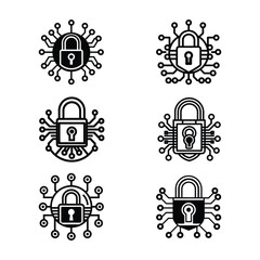 Set of cyber security data analysis digital system lock symbol iconic vector art