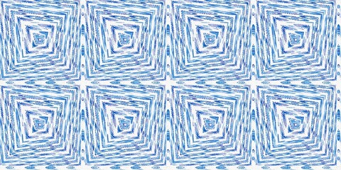 Geometric indigo shape seamless border. Irregular hand drawn batik texture for banner. Imperfect blue acid bleed swatch. 