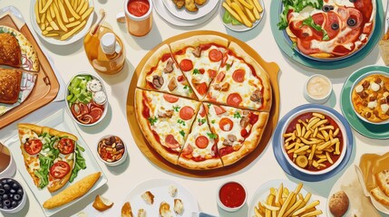 Table filled with assorted takeout food: pizza, fries