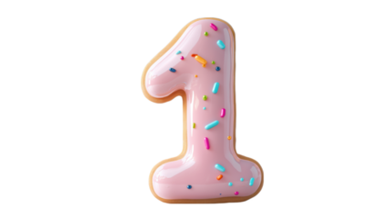 A pink number 1 covered with colorful sprinkles, perfect for celebrations or birthday themes. This image is ideal for content related to parties, events, or milestone celebrations.