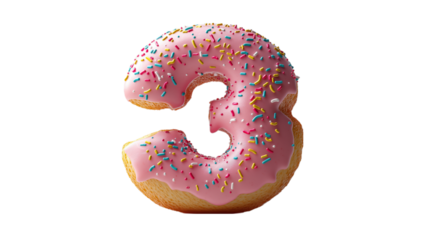 A pink number 3 covered with colorful sprinkles, resembling a donut, perfect for birthday celebrations or festive events. This image is ideal for content related to parties, milestones, and sweet trea