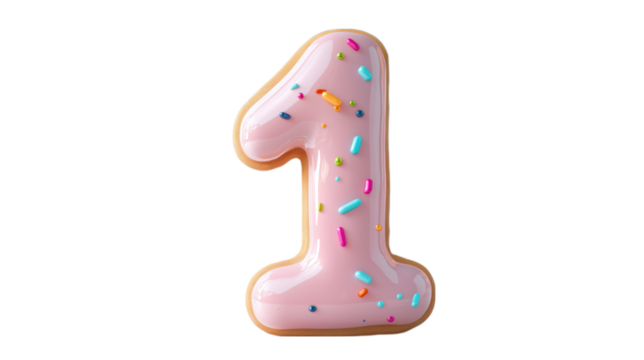 A pink number 1 covered with colorful sprinkles, perfect for celebrations or birthday themes. This image is ideal for content related to parties, events, or milestone celebrations.