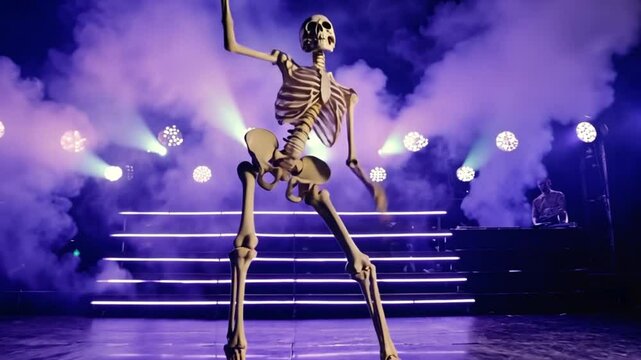 A dancing skeleton on a theatrical stage moves energetically under dramatic spotlights. Concept of lively entertainment and quirky performance.