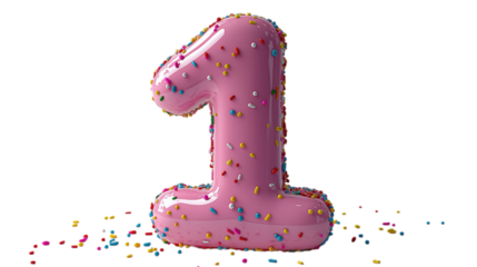 A pink number 1 covered with colorful sprinkles, perfect for celebrations or birthday themes. This image is ideal for content related to parties, events, or milestone celebrations.