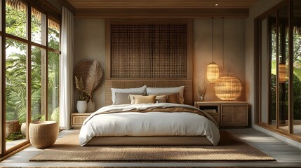Chic Bali villa bedroom with woven headboard, artisanal light fixtures, and soft cotton bedding, 3D rendering, 8K