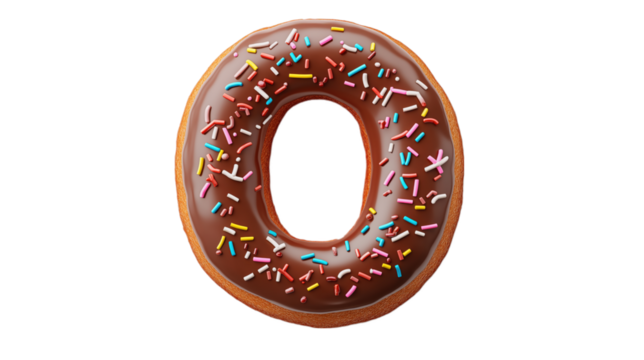 A chocolate donut shaped like the number 0, covered with colorful sprinkles, perfect for birthday celebrations and festive events. This image is ideal for sweet treats, milestone moments, and fun part