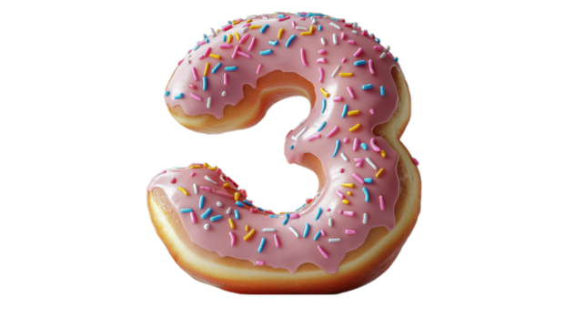A pink number 3 covered with colorful sprinkles, resembling a donut, perfect for birthday celebrations or festive events. This image is ideal for content related to parties, milestones, and sweet trea
