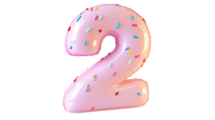 A pink number 2 covered with colorful sprinkles, perfect for birthday celebrations and festive events. This image is ideal for content related to parties, milestones, or special occasions.