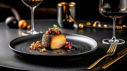 Delicious Gourmet Meal Displayed On A Black Plate