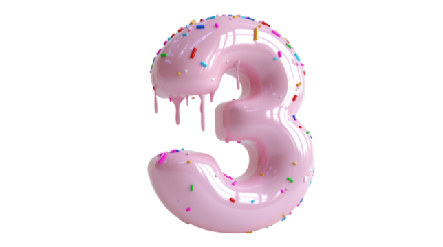 A pink number 3 covered with colorful sprinkles, resembling a donut, perfect for birthday celebrations or festive events. This image is ideal for content related to parties, milestones, and sweet trea