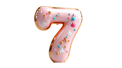 A pink number 7 topped with colorful sprinkles, perfect for birthday parties and special celebrations. This image is great for milestone events and fun birthday themes.