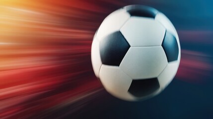 Naklejka premium A dynamic image of a soccer ball in motion, showcasing speed and energy with a blurred background of vibrant colors.