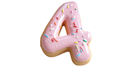 A pink number 4 covered with colorful sprinkles, resembling a sweet treat, perfect for birthday celebrations and festive events. This image is ideal for content related to parties, milestones, and spe