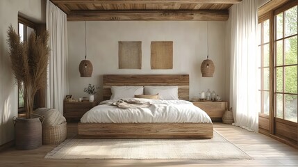 Cozy wooden bungalow bedroom with soft white tones, sheer drapery, and vintage boho decor, 3D rendering, 8K