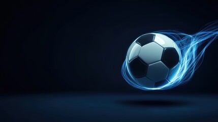 Naklejka premium A dynamic soccer ball is captured in motion, surrounded by a glowing blue trail against a dark background, illustrating speed and energy.