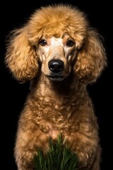 Fototapeta premium Golden Poodle with Fluffy Fur Posing Against Dark Background