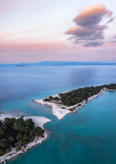 Aerial view of Glarokavos beach in Kassandra peninsula in Chalkidiki, Greece