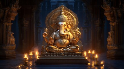 Fototapeta premium Majestic Ganesh statue surrounded by flickering candles in a dimly lit temple setting during a festival night