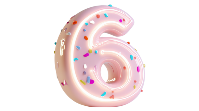 A pink number 6 decorated with colorful sprinkles, ideal for birthday celebrations or fun events. This image is perfect for parties, sweet treats, and milestone moments.