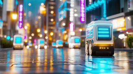 Fototapeta premium Digital Delivery: Futuristic autonomous delivery robots navigate a bustling cityscape at night, with neon lights reflecting on the wet pavement, creating a vibrant and technologically advanced scene.
