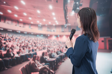 大勢の聴衆が集まるホールで司会をする若い女性